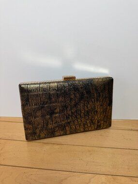 Nordstrom Natasha Gold & Black Faux Snakeskin Hard Case Box Clutch New NWT